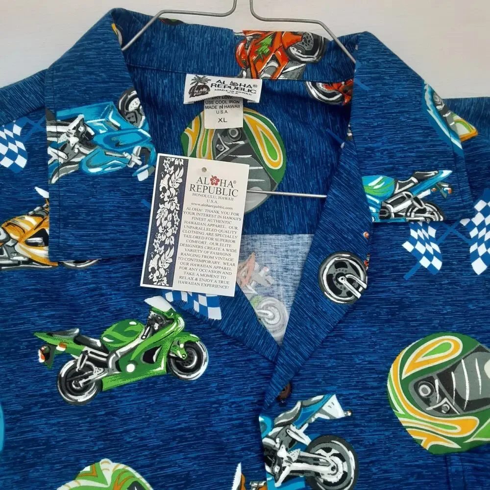 Aloha Republic Hawaiian Shirt Men’s XL Motorcycle Made USA Biker Print Blue EUC